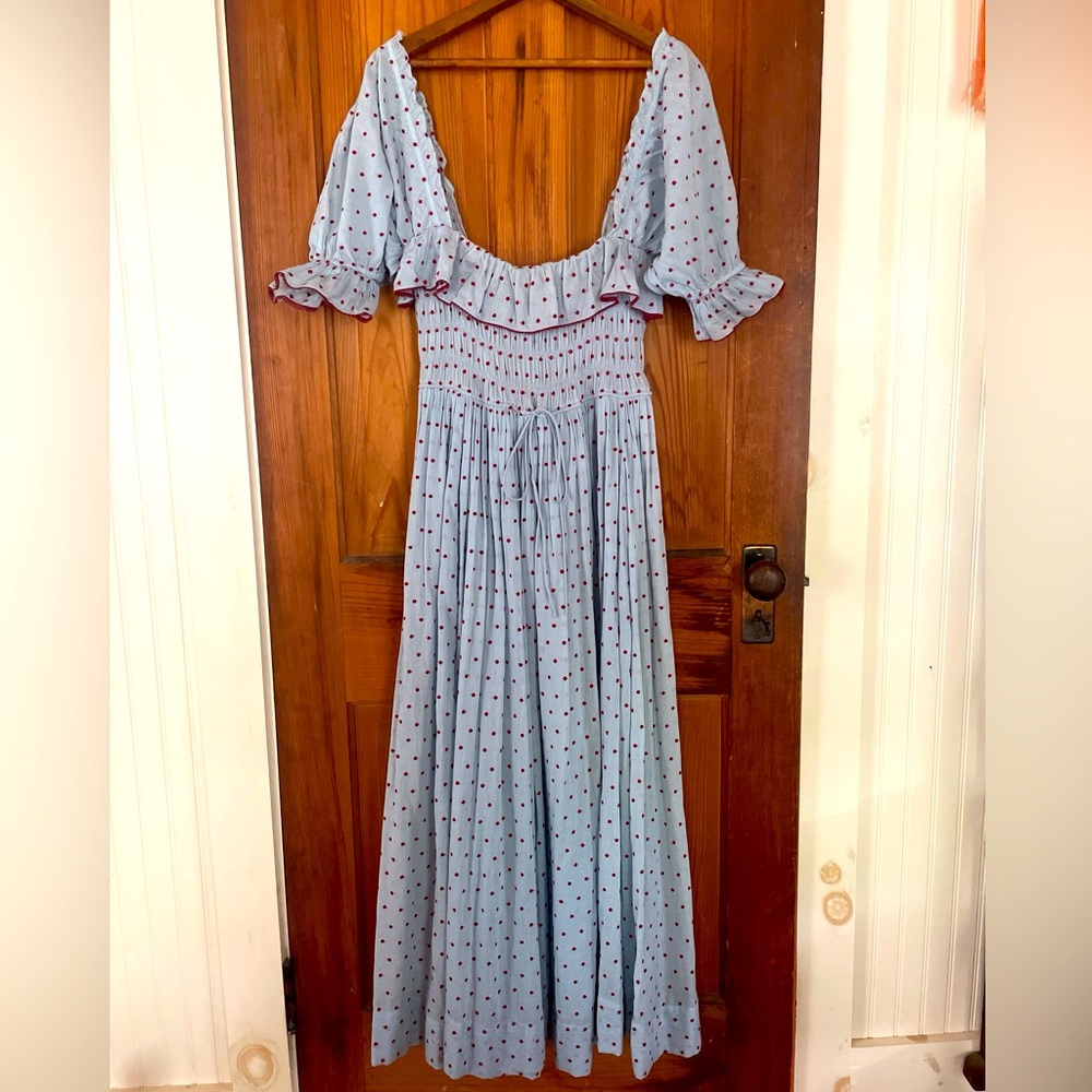 DOEN SOL DRESS SZ SMALL SKY BKUE AND RED POLKA DOTS